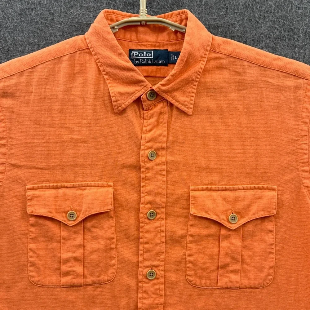 Polo Ralph Lauren Mens Large Orange Linen Cotton Utility Pocket Workwear Shirt